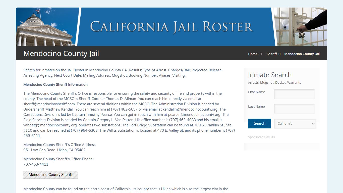 Mendocino County Jail | Jail Roster Search